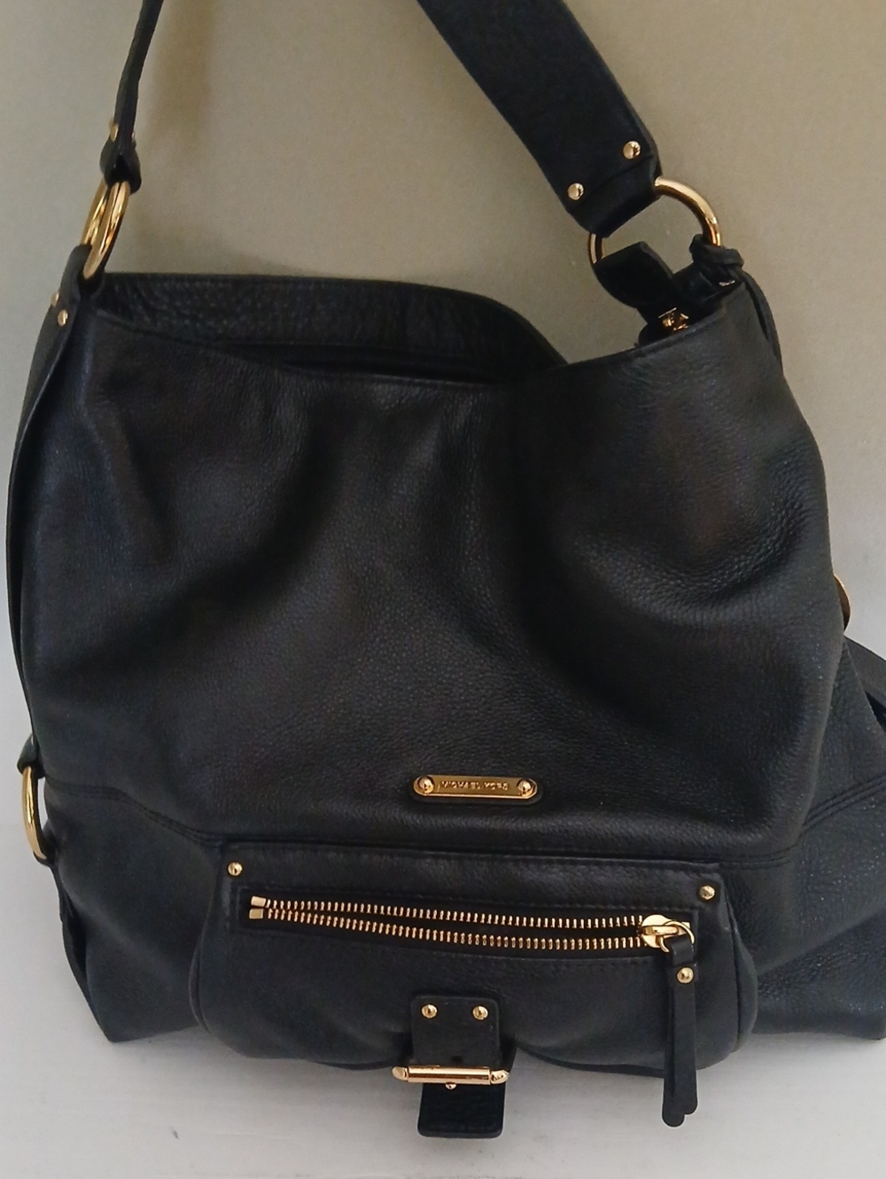 Michael Kors Black Leather Hobo Shoulder Bag with Gold Hardware